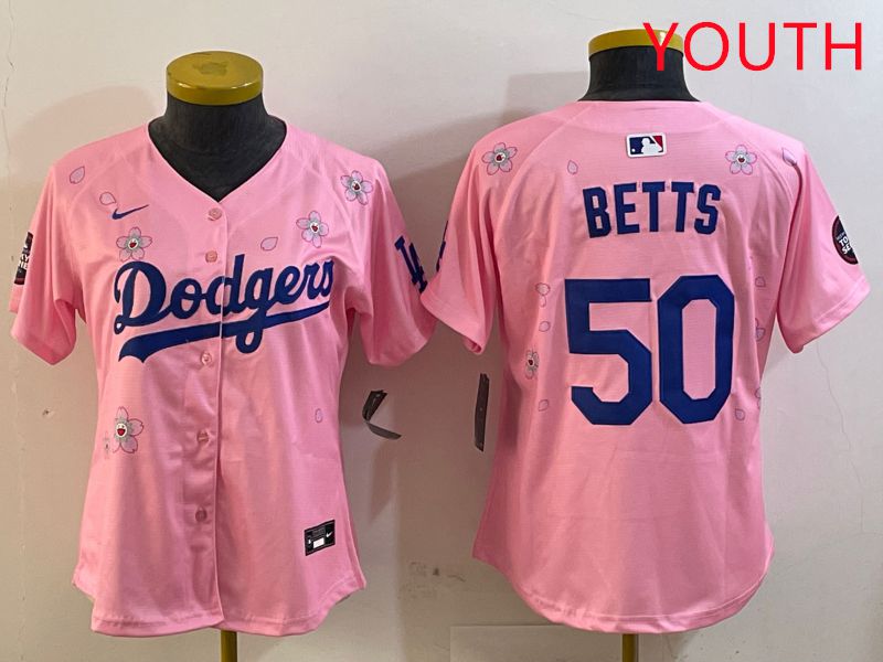 Youth Los Angeles Dodgers #50 Betts Pink Sakura Edition 2025 Nike MLB Jersey style 1